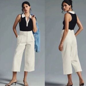 Anthropologie Maeve Remi Wide-Leg Crop Chino Pants Pleated White Size 14